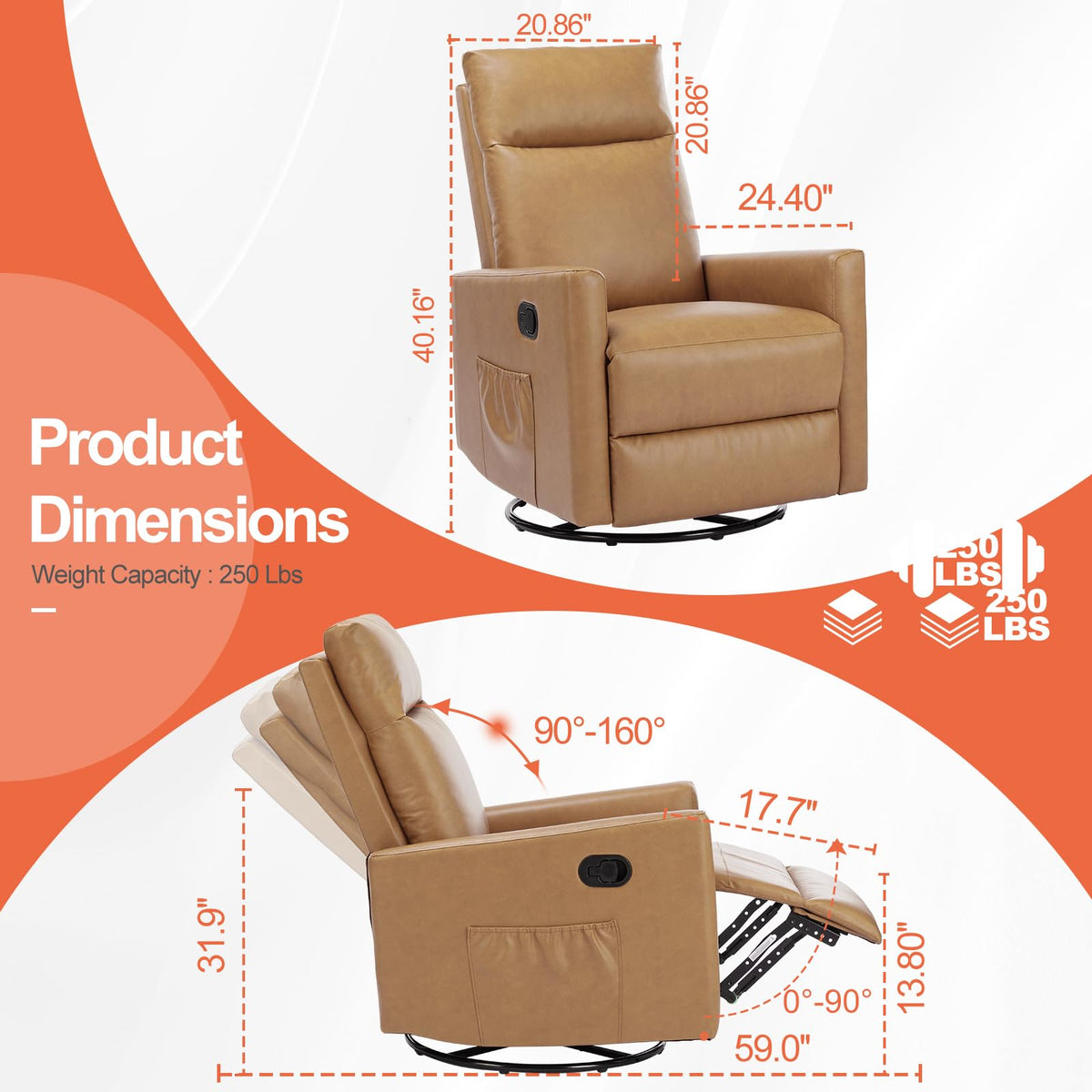 Sweetcrispy Recliner Chair PU Leather Recliner Sofa No Massage, Home Theater Seating with Lumbar Support, Adjustable Push Back Overstuffed High-Density Sponge Reclining for Living Room, Black
