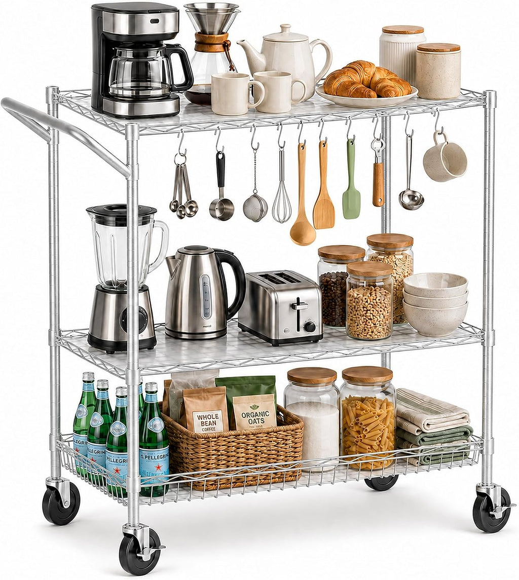3-Tier Kitchen Storage Cart with Wheels, Rolling Utility Cart