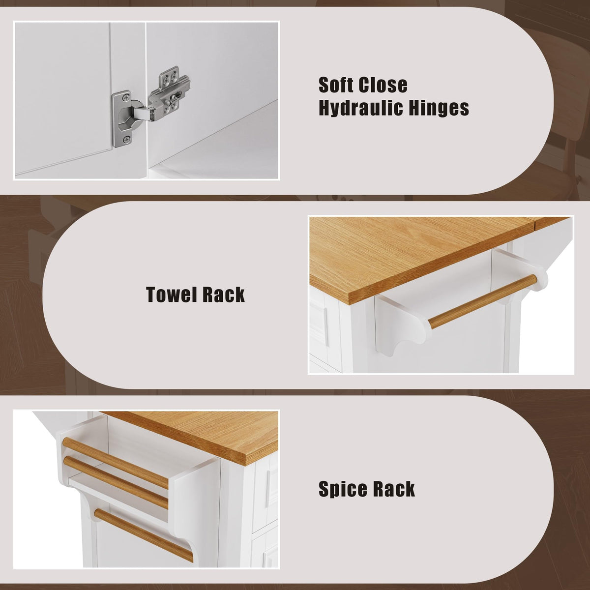 Large Kitchen Island with Rubber Wood Drop Leaf and Silver Handle
