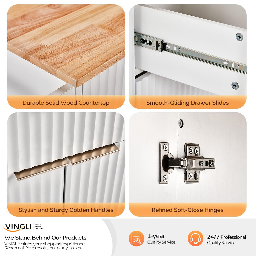 VINGLI Fluted Kitchen Island Cart with Drop-Leaf, 3 Drawers, White