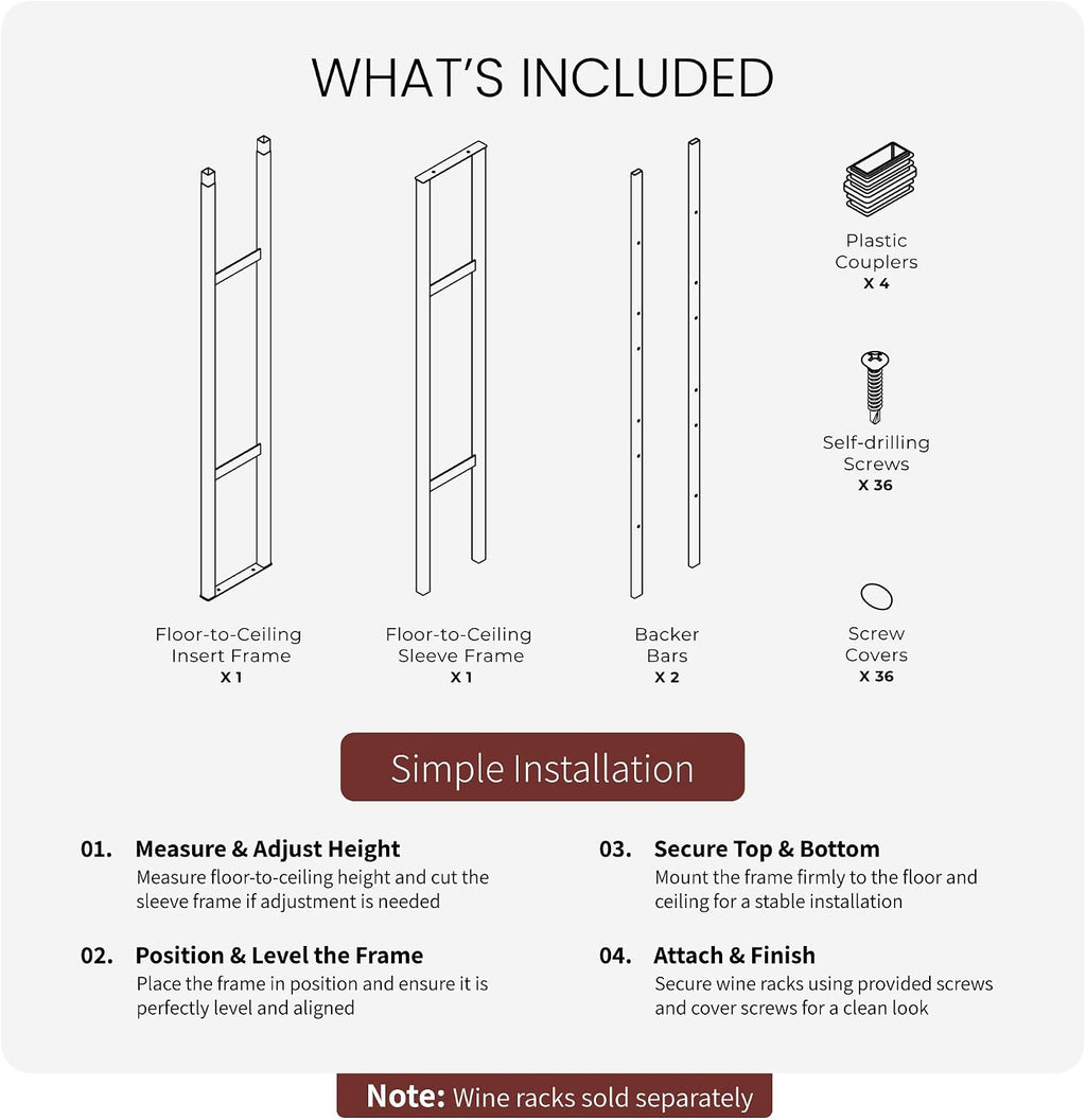 Jagged Ridge Wine Rooms Luxurious Floor-to-Ceiling Wine Rack Frame â 10 ft Height, Cut to Fit Ceilings Up to 10 ft, Modern Metal Design, Storage for Up to 144 Bottles (Racks Sold Separately)