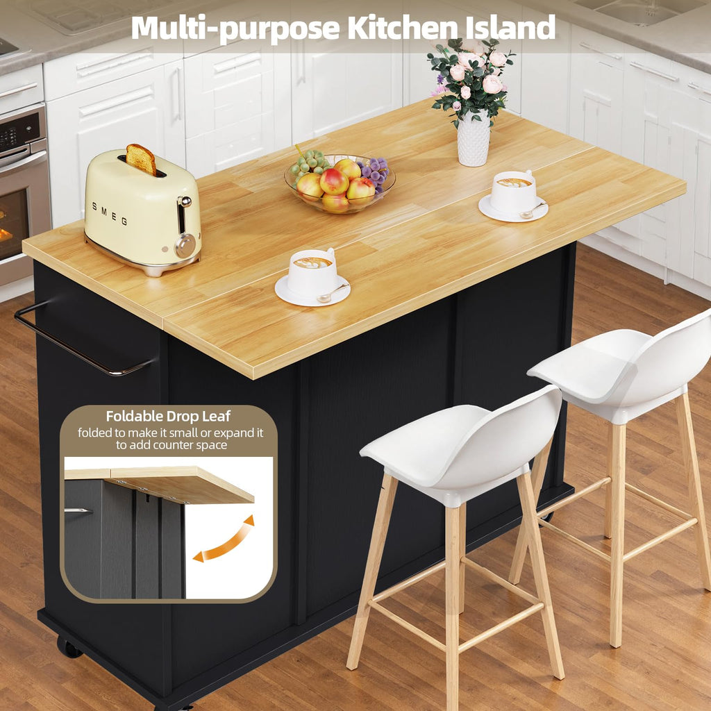SUNLEI Rolling Kitchen Island Cart with Wheels, Island Table for Kitchen, Farmhouse Kitchen Cart with Drop Leaf & Towel Rack & Drawer, Kitchen Islands Table with Storage Cabinet, Grey