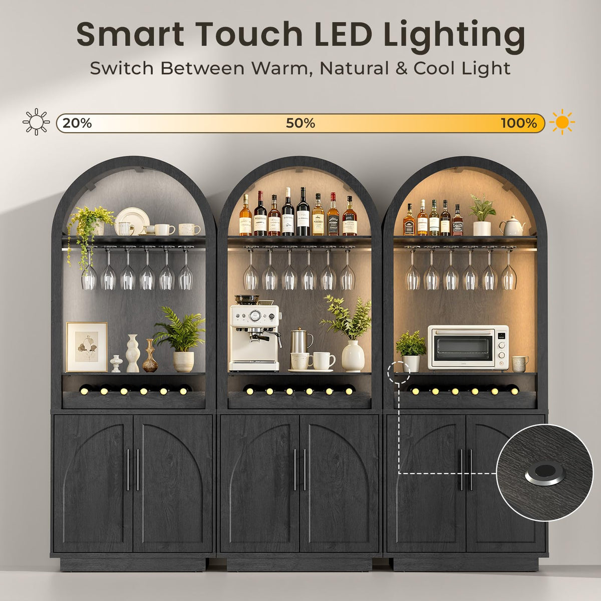 Fatmok 79" Tall Arched Pantry Cabinet with LED Light & Charging Station, Modern Coffee Bar Liquor Cabinet with Wine Rack & Glass Holder, Kitchen Storage Cabinet with Adjustable Shelves, Black Grey