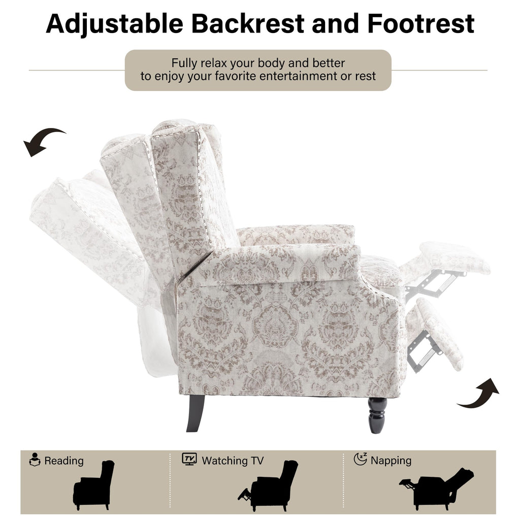 Wingback Floral Pushback Recliner Chair, Plants Beige, Set of 2