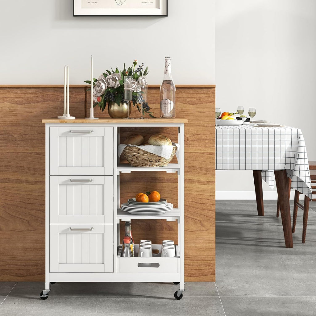 Small Kitchen Island, Kitchen Utility Cart on Wheels, Serving Cart with Drawers, Shelves, Tray, Rubber Wood Tabletop, Kitchen Rolling Cart with Storage for Dining Room, Bar (White)