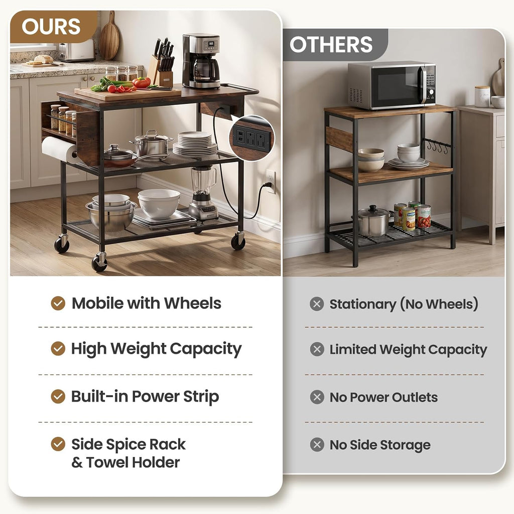 Rolling Kitchen Island with Storage, 3 Tier Kitchen Island Cart with Wheels,Wood Large Worktop, Storage Shelves, Lockable Casters, Power Outlet, Push Handle for Kitchen Dining Room