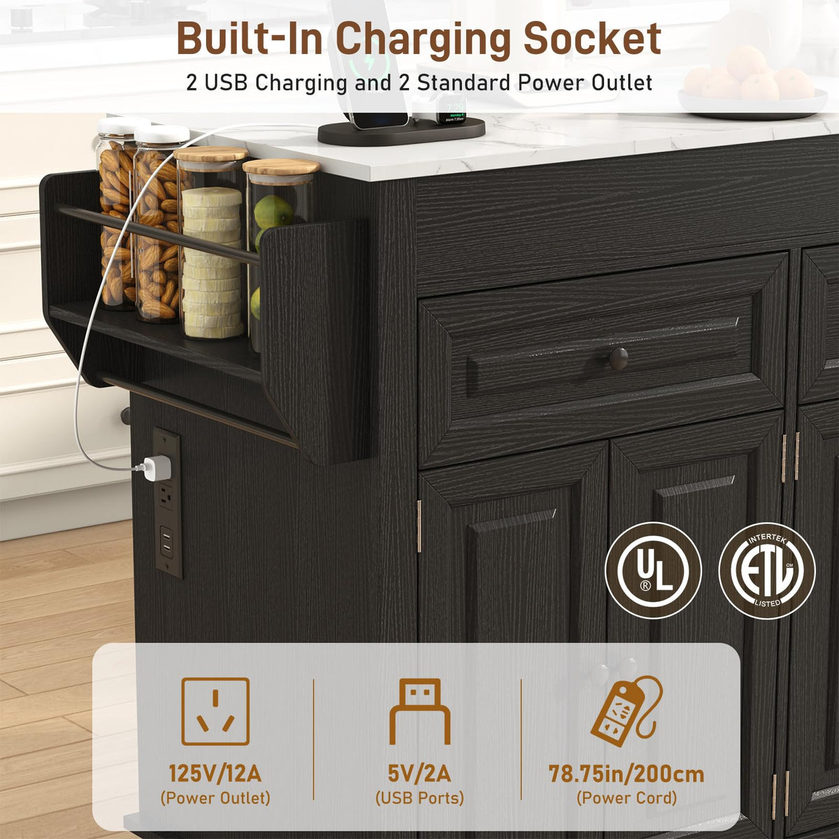 80"-48" Extendable Kitchen Island with Extended Dining Table and Power Outlet,Large Mobile Kitchen Storage Islands with 2 Storage Drawers,Rolling Islands Cart with 3 Extra Rows Open Shelves(Brown)