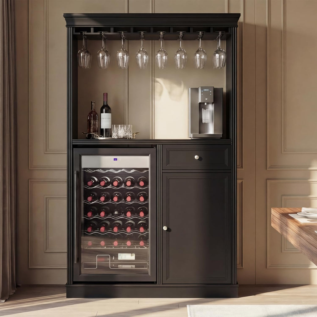 Coffee Bar Cabinet with Mini Fridge Space, 77.5" Tall Liquor Cabinet with Hutch, Glass Holder & Wine Rack, Modern Home Bar Storage with 9 Drawers for Kitchen Dining, Black