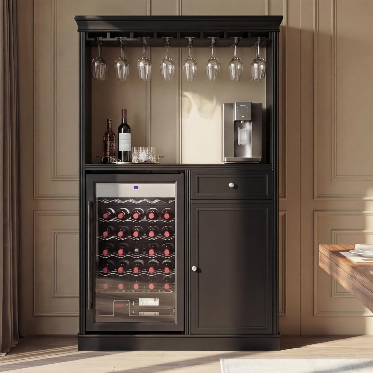 Coffee Bar Cabinet with Mini Fridge Space, 77.5" Tall Liquor Cabinet with Hutch, Glass Holder & Wine Rack, Modern Home Bar Storage with 9 Drawers for Kitchen Dining, Black