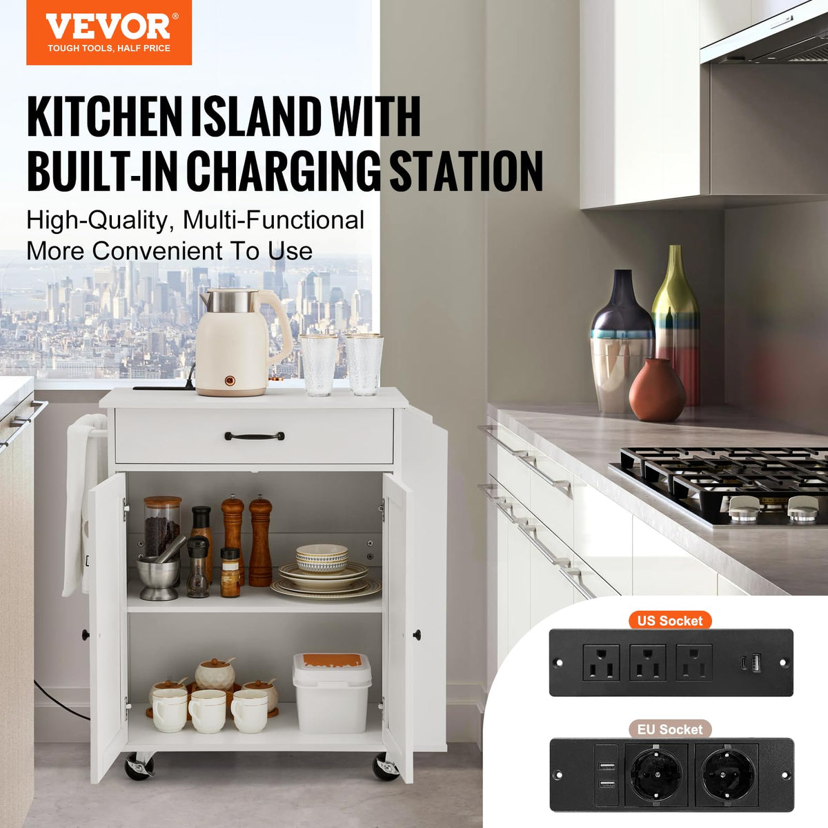 VEVOR Kitchen Island Cart with Storage, 47.64 in Wide Mobile Rolling Storage Island on Swivel Wheels, with 2 Drawers, Storage Cabinet, Drop Leaf, Towel Rack, Table for Home Dining Room, White