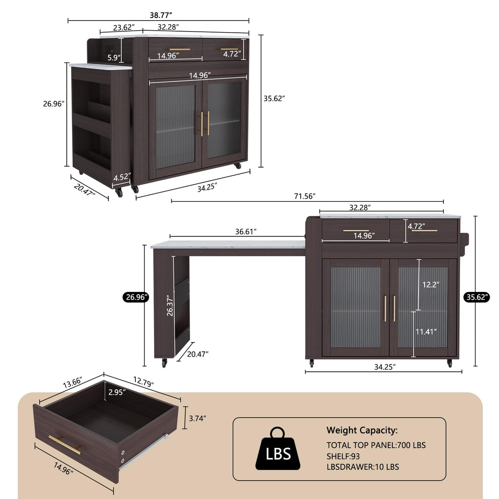 HLR 72" Extendable Rolling Kitchen Island with Storage, Island Table on Wheels with Marble Grain Countertop & Power Outlet, Portable Island Cart with Cabinets, Drawers and Shelves, Wood