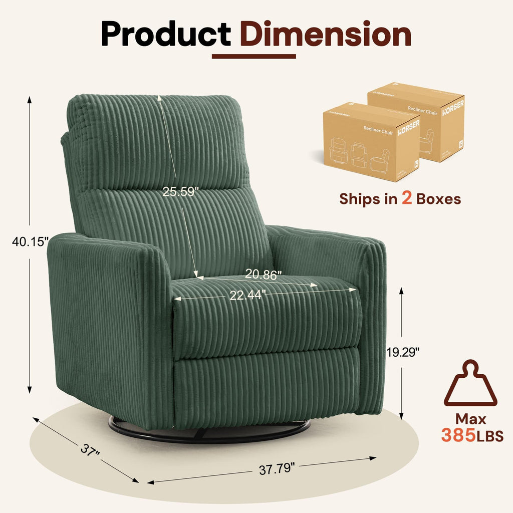 Korser 360Â° Swivel Glider Rocker Manual Recliner, High Back Corduroy Recliner with Curved Armrests, Beige Nursery Rocking Reclining Chair for Living Room Bedroom Adults