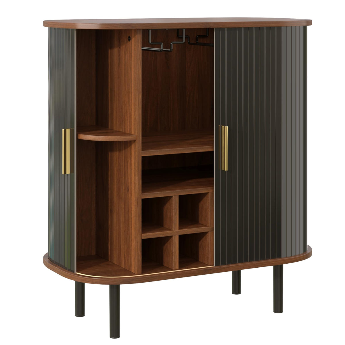 Natural Wine & Coffee Bar Cabinet with Gold Handle & Sliding Tambour Doors,Modern Curved Liquor Cabinet Coffee Station with 8*Wine Rack & 2*Glass Holders,5-Level Adjustable Shelf & Side Hidden Storage