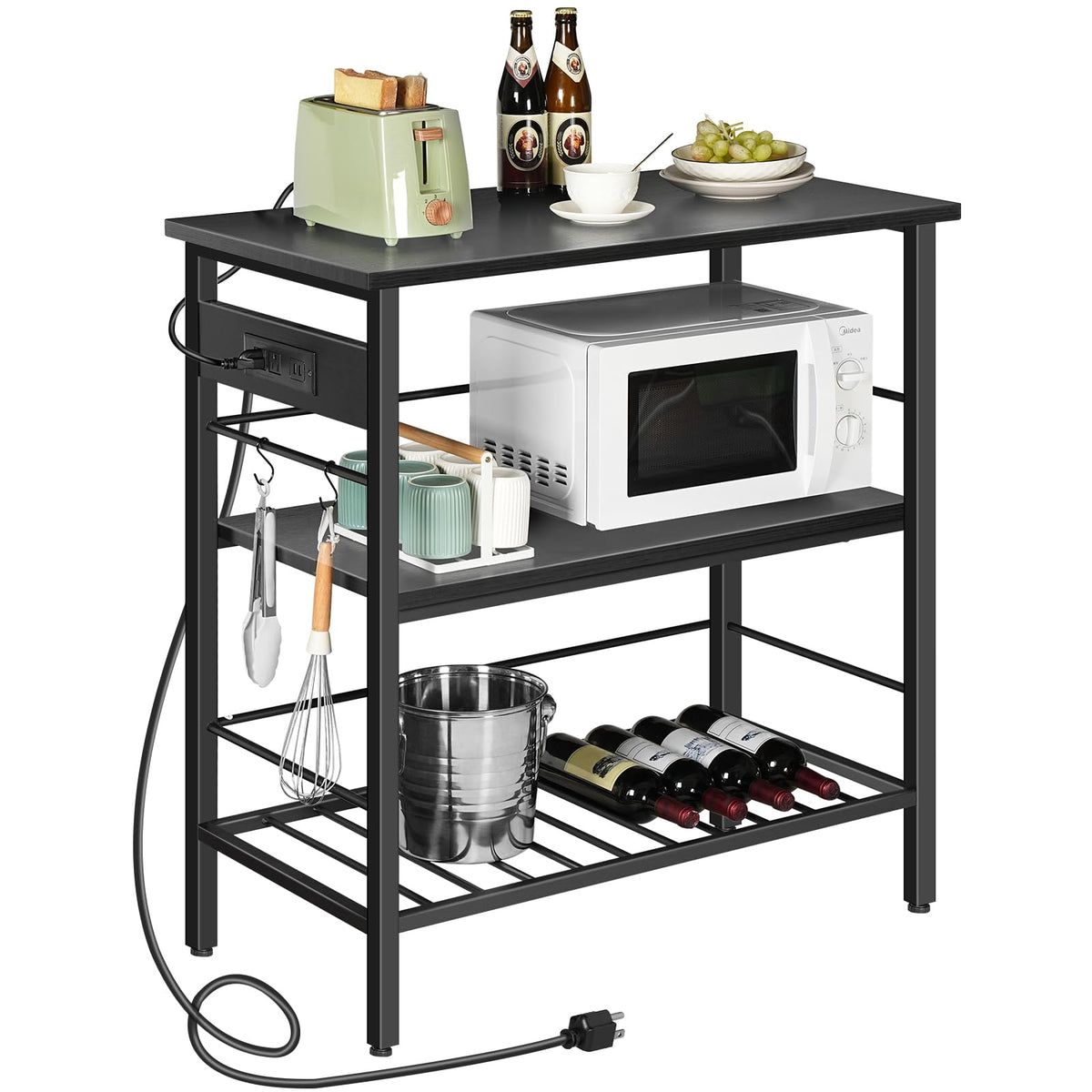 HOOBRO Kitchen Island with Storage, Kitchen Island Table with Power Outlet, 47.2" L 3 Tier Kitchen Counter and Microwave Stand, for Home, Kitchen and Dining Room, Rustic Brown and Black BF120UZD01