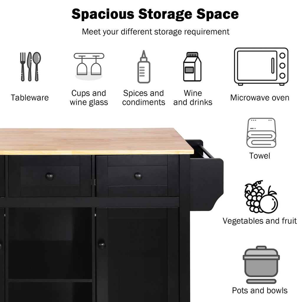 Large Kitchen Island with Rubber Wood Drop Leaf and Silver Handle