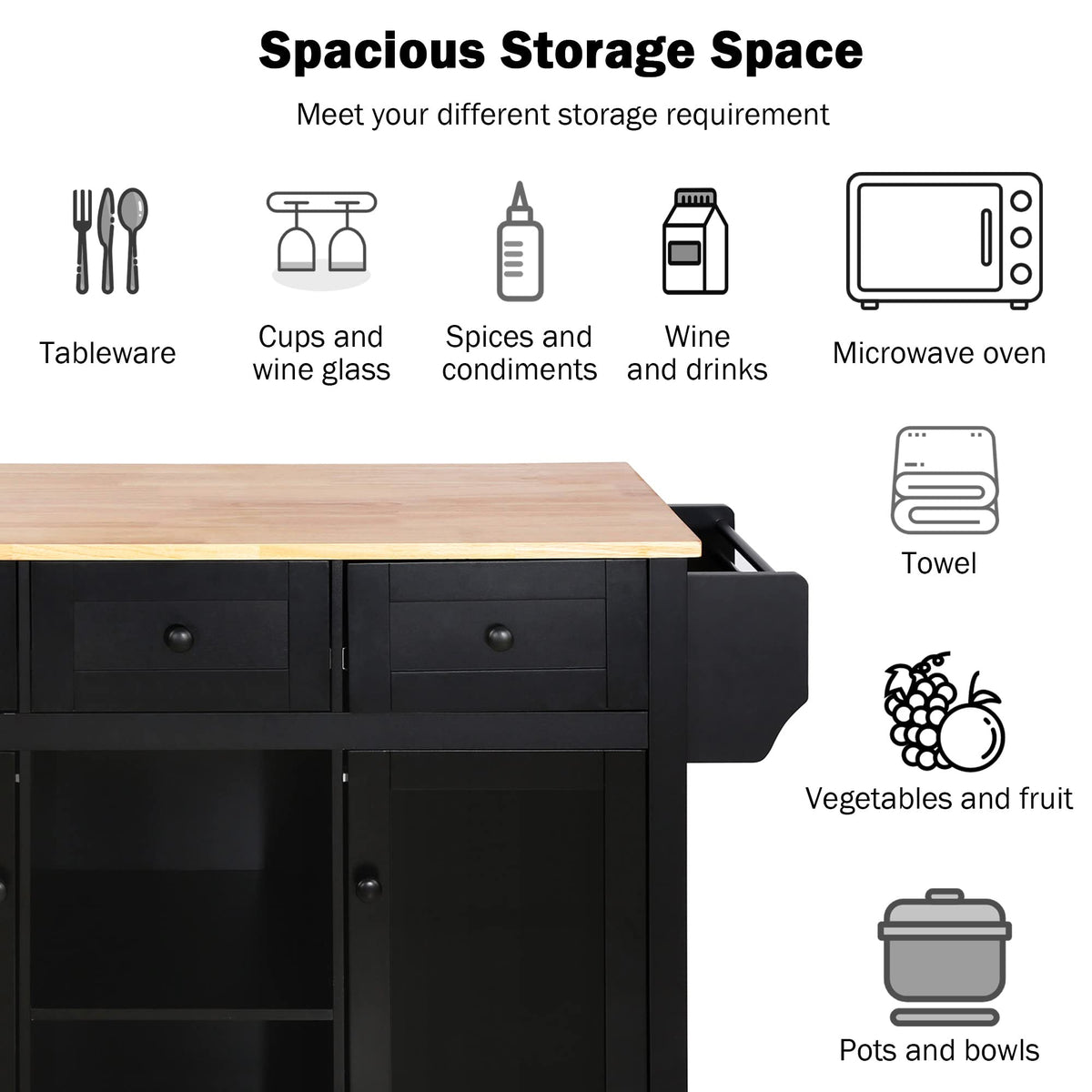 Large Kitchen Island with Rubber Wood Drop Leaf and Silver Handle