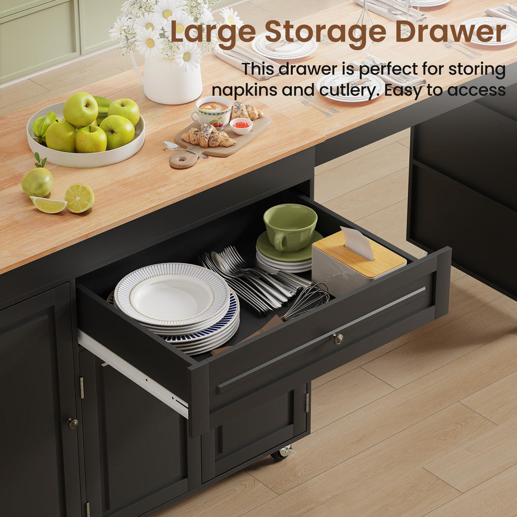 Expandable Kitchen Island with Storage Drawer and Wheels, White