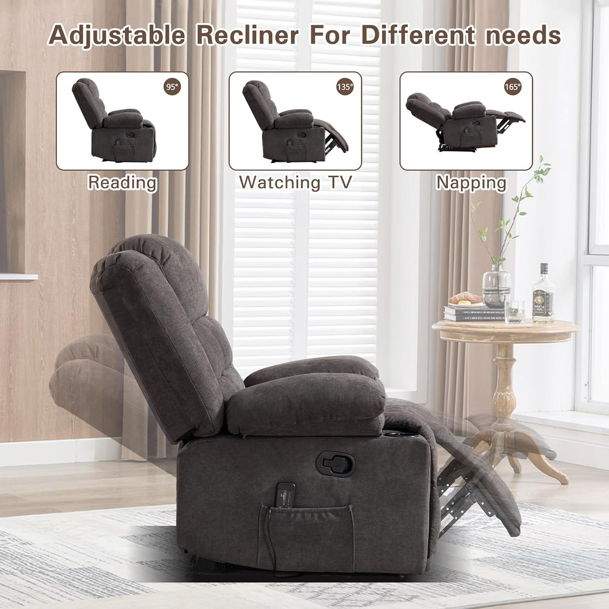 EBELLO Manual Recliner Chair for Adults with Vibration Massage and Lumbar Heating, Soft Fabric Recliner Single Sofa with Side Pocket and Two Cup Holders for Living Room, Grey