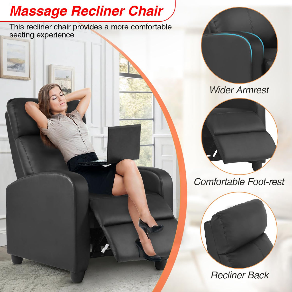 FDW | Recliner Chair | Without Massage Function | Black, PU Leather