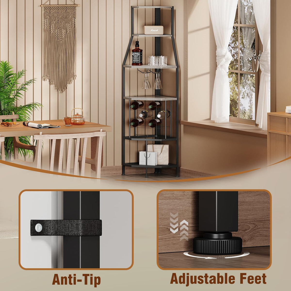 5-Tier Corner Wine Rack with Glass Holder, Floorstanding Wine Storage