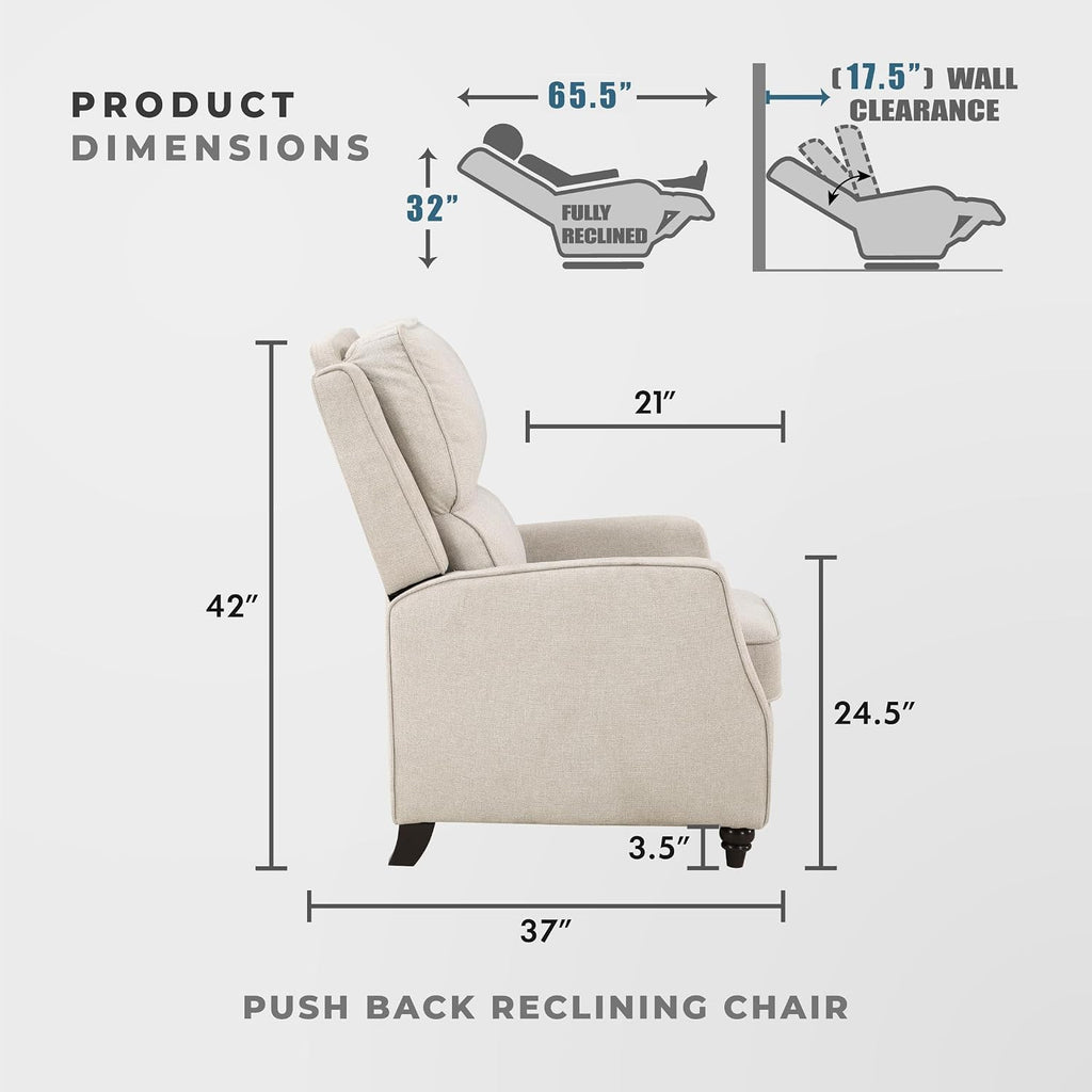 Lexicon Textured Fabric Push Back Manual Recliner Chair, 29.5" W, Beige