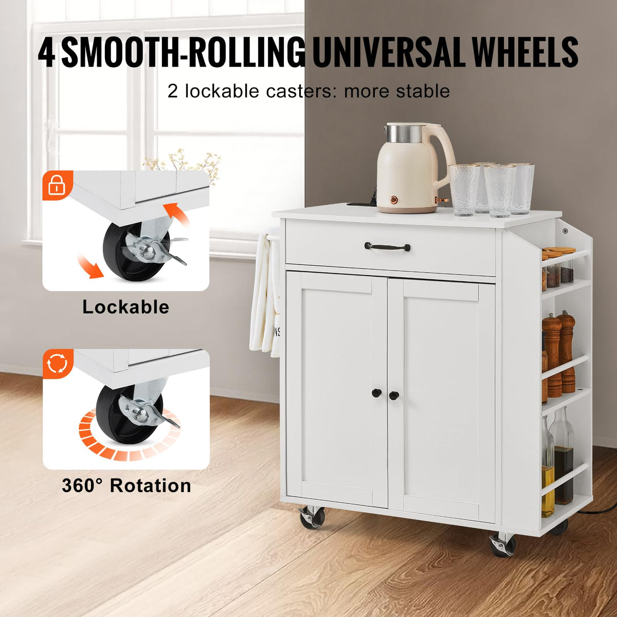 VEVOR Kitchen Island Cart with Storage, 47.64 in Wide Mobile Rolling Storage Island on Swivel Wheels, with 2 Drawers, Storage Cabinet, Drop Leaf, Towel Rack, Table for Home Dining Room, White
