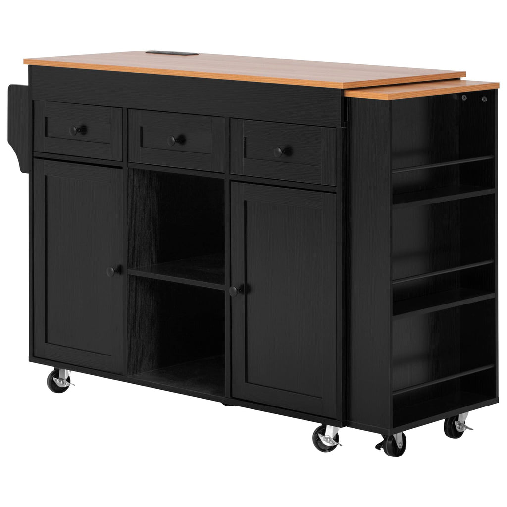 Merax 85.5" Kitchen Island with Extendable Dining Table & Universal Wheels, Storage with 3 Drawers & Open Shelves & Power Outlet, Mobile Cart for Dining Room, Small Space, Apartment, White
