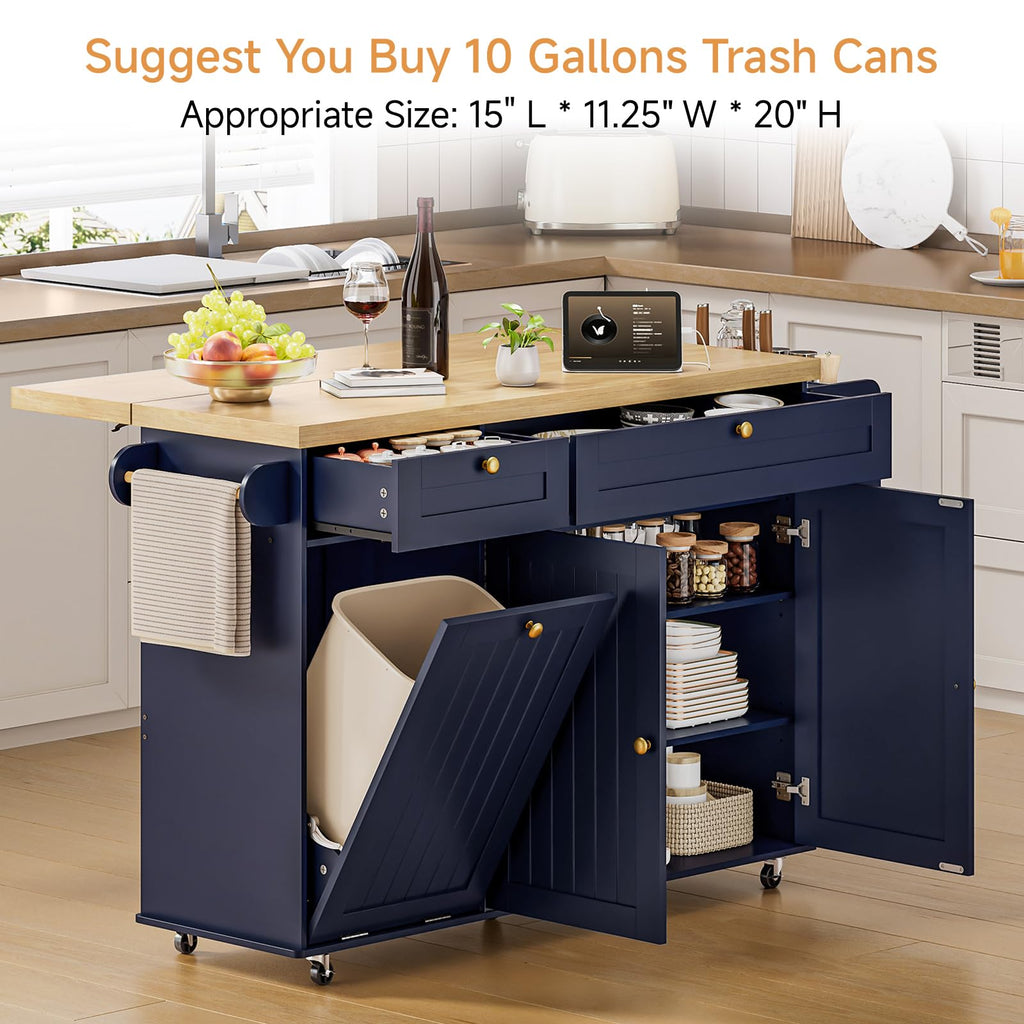 ONBRILL 60" Kitchen Island with Trash Can Storage, Rolling Island Table