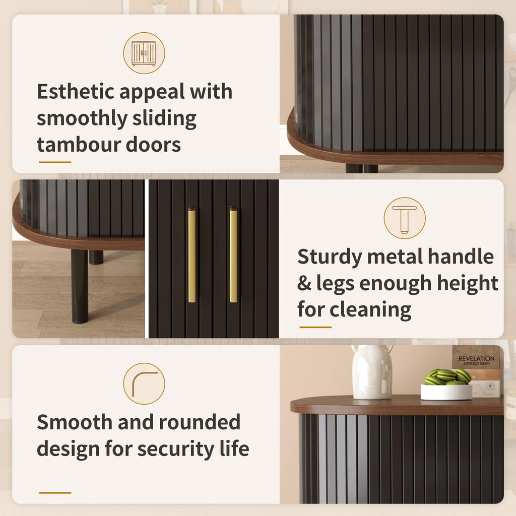 Natural Wine & Coffee Bar Cabinet with Gold Handle & Sliding Tambour Doors,Modern Curved Liquor Cabinet Coffee Station with 8*Wine Rack & 2*Glass Holders,5-Level Adjustable Shelf & Side Hidden Storage