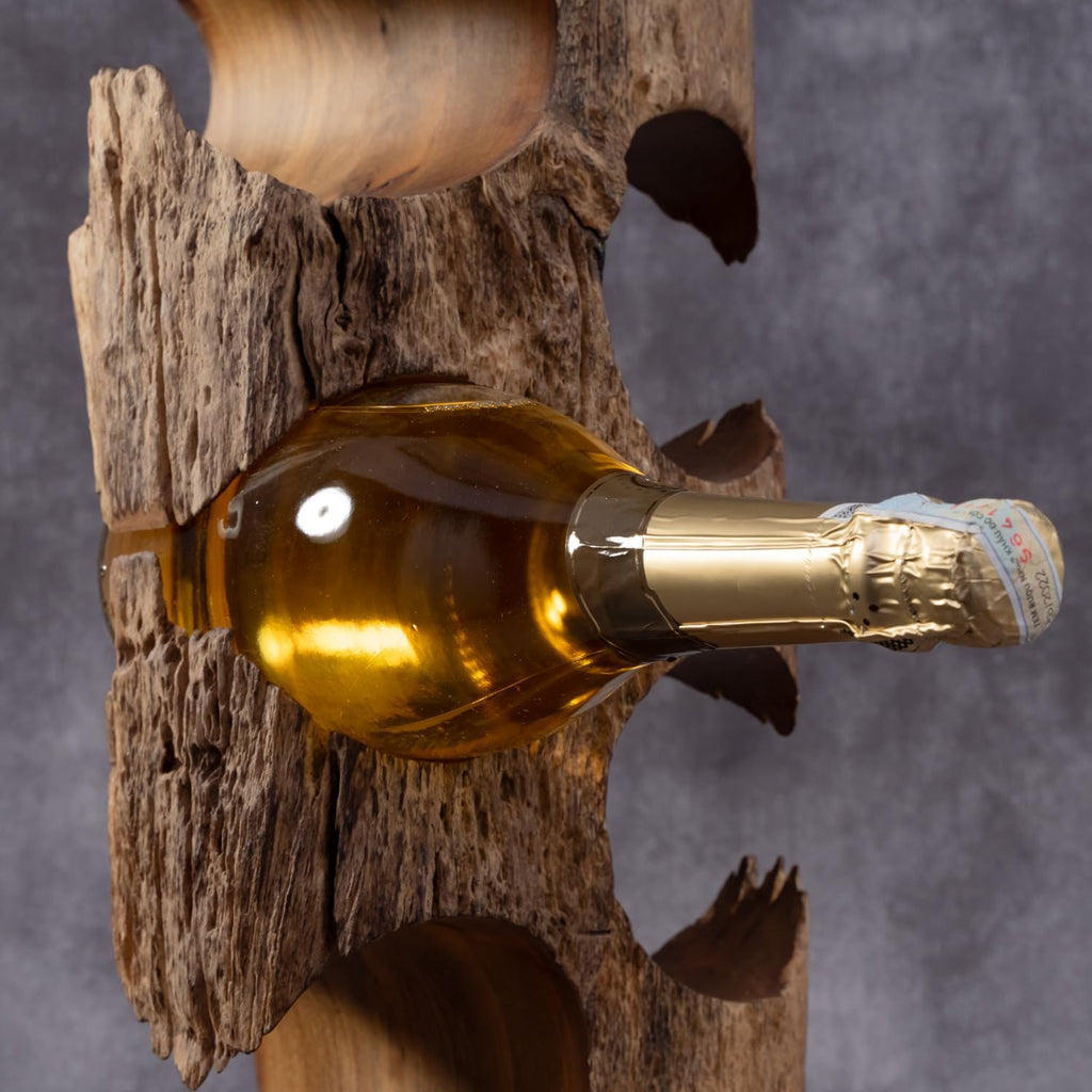 Solid Natural Vitex Pubescens Vahl Wood Wine Rack with Anti-Slip Pads â Rustic Single-Piece Freestanding Countertop Wine Holder â Securely Holds 5 Bottles Without Sliding â 20" x 9" x 7"