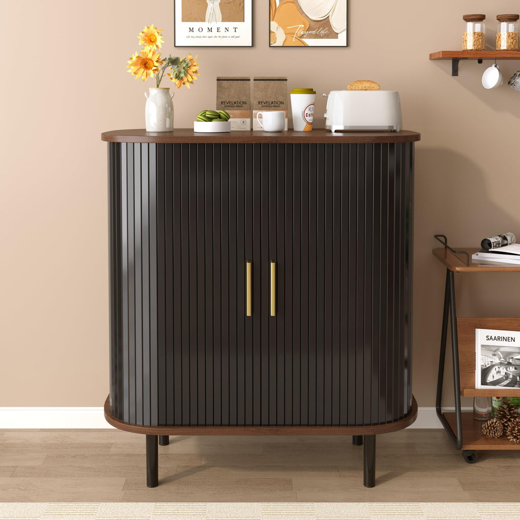 28" Fluted Wine Bar Cabinet with Storage, Modern Liquor Cabinets, Walnut