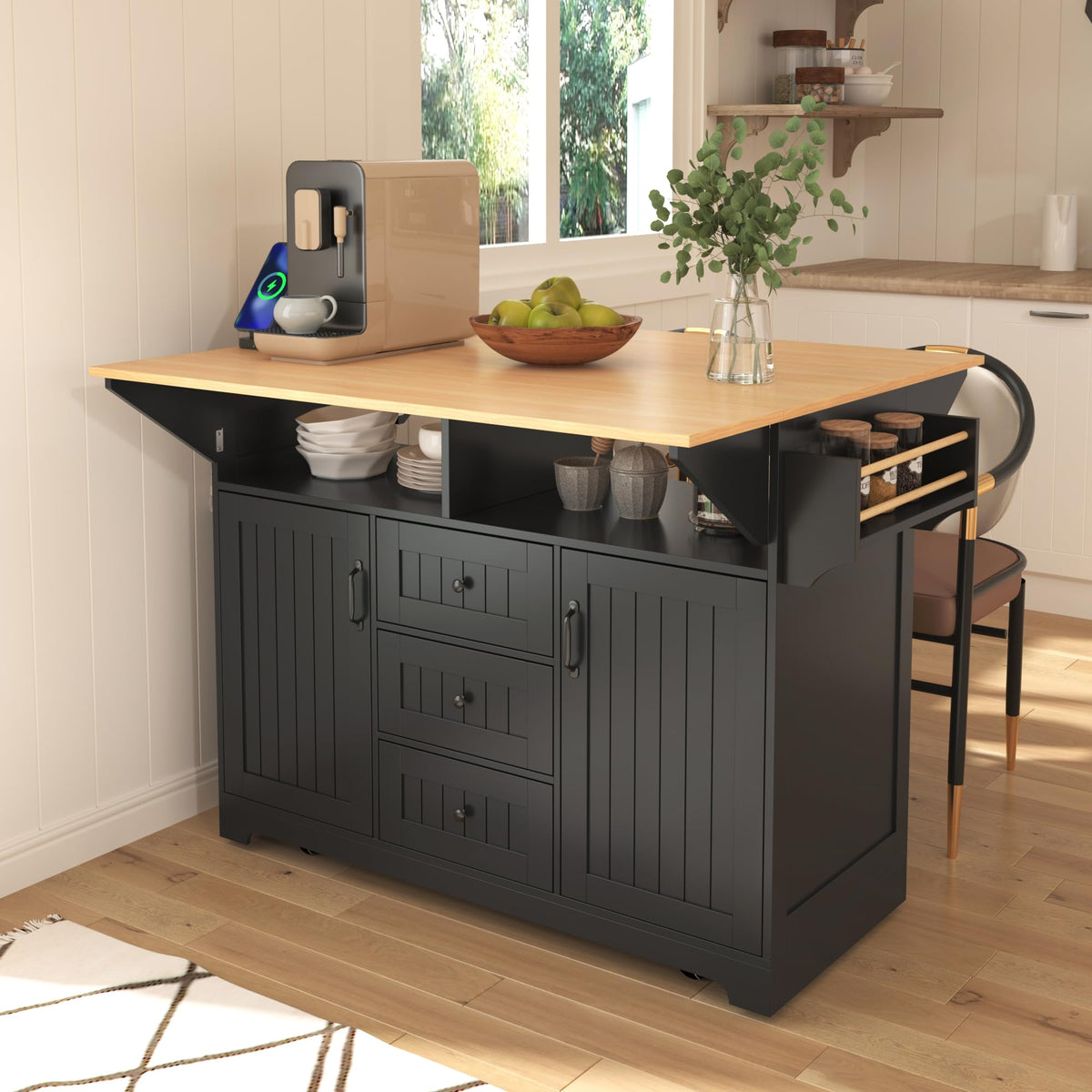 55.7'' Kitchen Island with 2 Drop Leaf for 4-6 Seating, Rolling Kitchen Cart with Power Outlet, 3 Drawers, Spice & Towel Rack, Folding Dining Table for Home Dining Room (Teal)