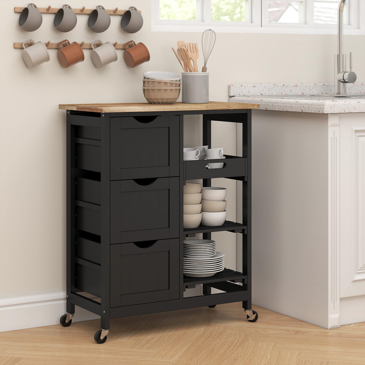 HOMCOM Kitchen Island Cart, Rolling Kitchen Island, Wood Top, Gray