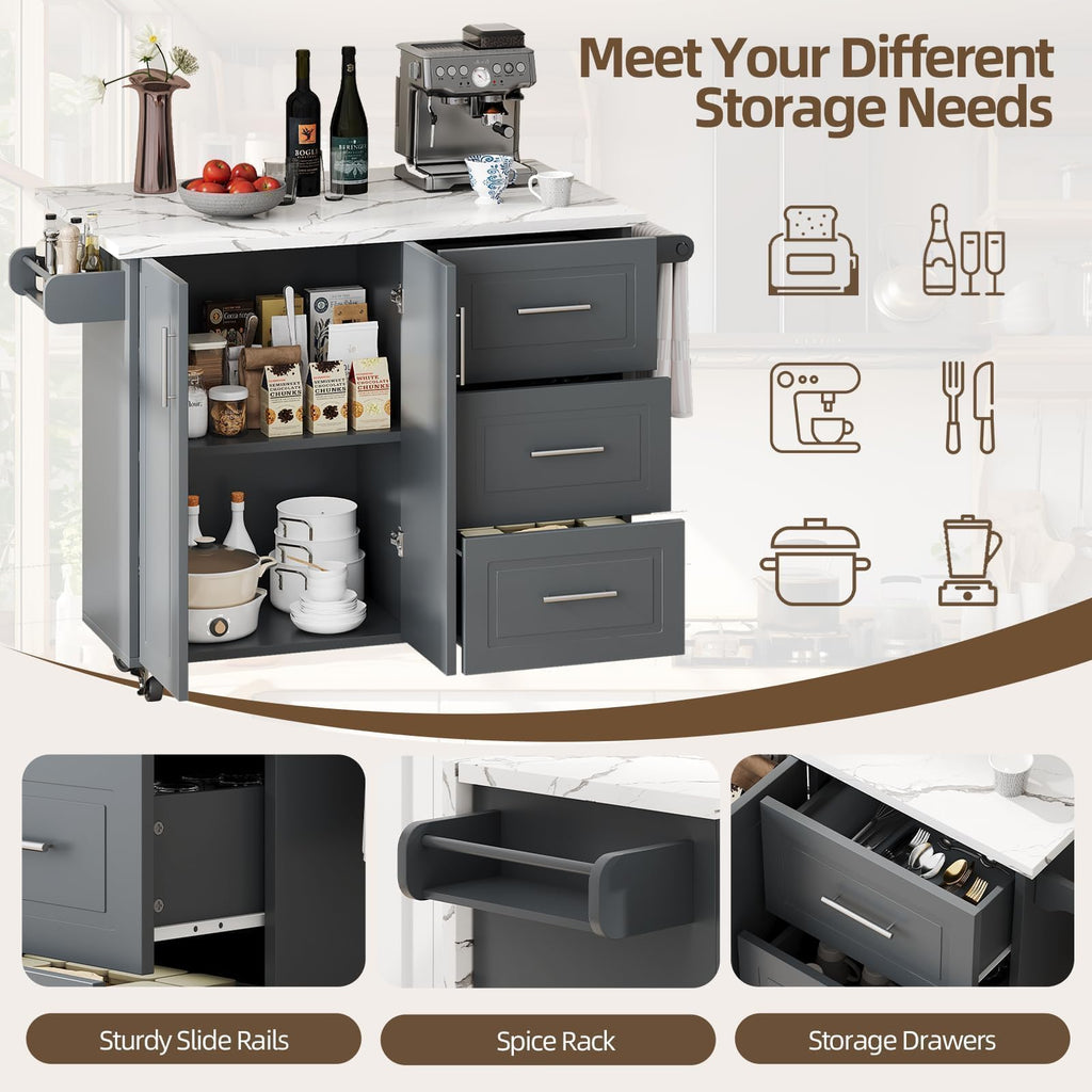 43" Kitchen Island on Wheels, Rolling Kitchen Island with Drop Leaf, Black