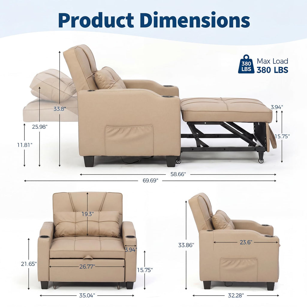 Sleeper Chair Pull Out Bed, 4 in 1 Convertible Sofa Chair Bed with Vibration Massage Lumbar Pillow, Single Sofa Recliner with USB/Type-C Port, Cup Holders and Side Pocket for Small Spaces (Black)