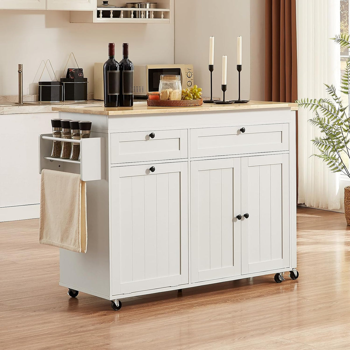 Kitchen Islands with Extendable Dining Table, Mobile Storage Islands, White