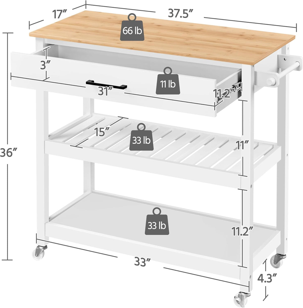 Yaheetech Rolling Kitchen Island Cart with 3 Shelves Lockable Wheels, White