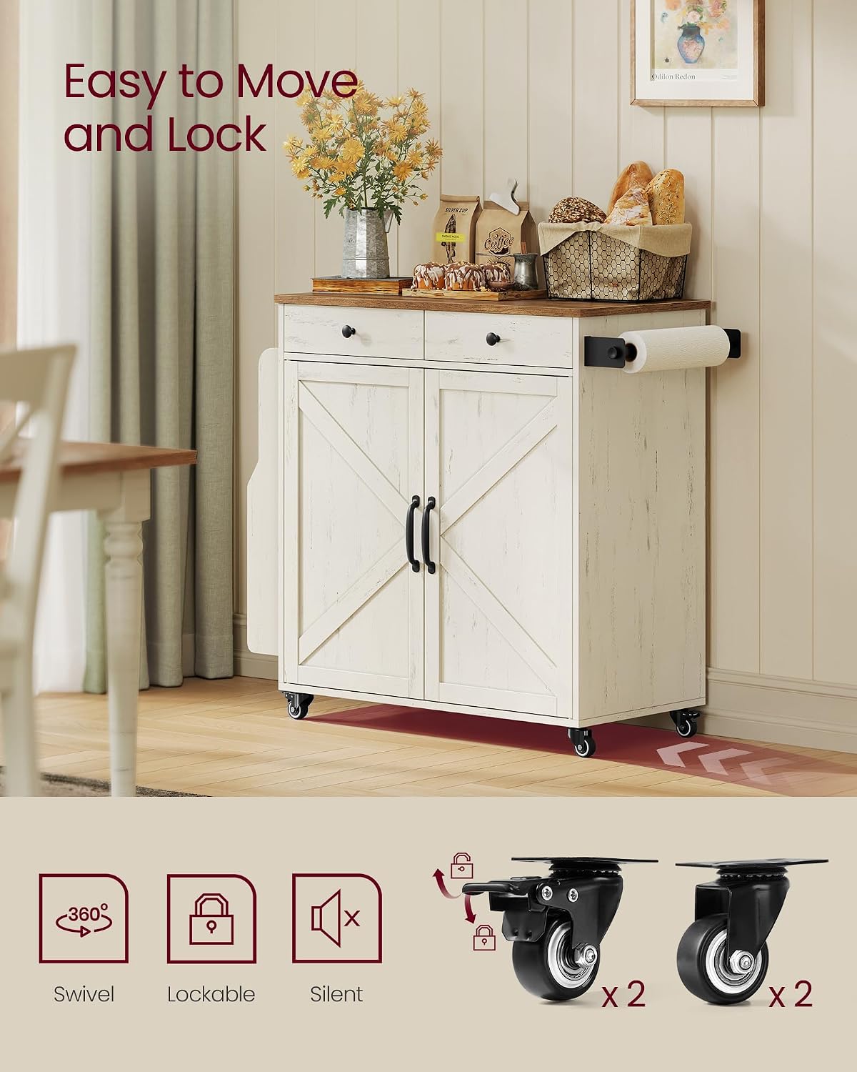 VASAGLE Mobile Kitchen Island with 2 Doors, 2 Drawers