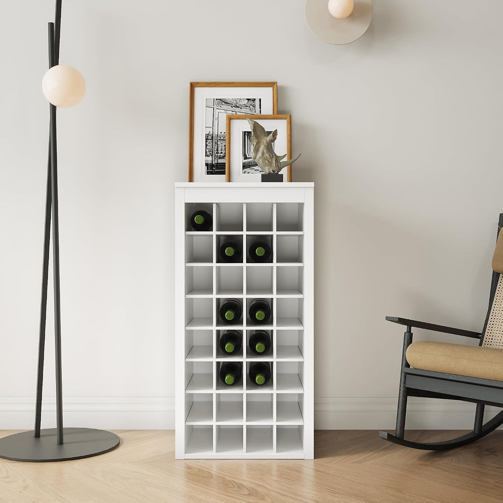 WERSMT 8-Tier Freestanding Wine Rack Wood, 32 Bottles Wine Rack Counter for Small Space, Farmhouse Stackable Modular Wine Bottle Holder Rack, White