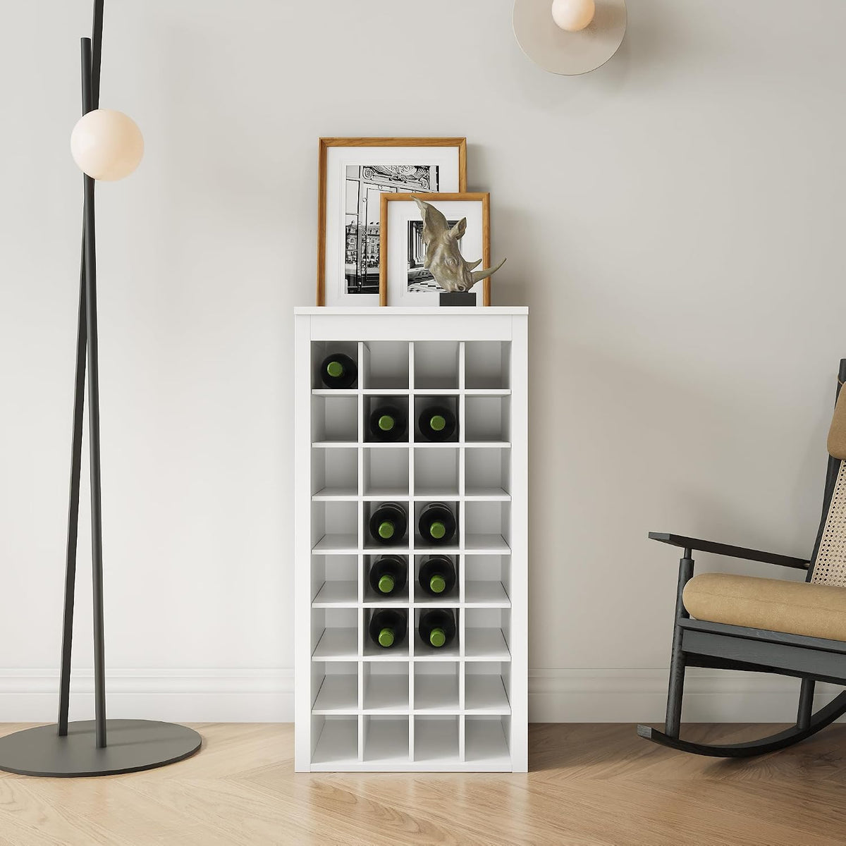 WERSMT 8-Tier Freestanding Wine Rack Wood, 32 Bottles Wine Rack Counter for Small Space, Farmhouse Stackable Modular Wine Bottle Holder Rack, White