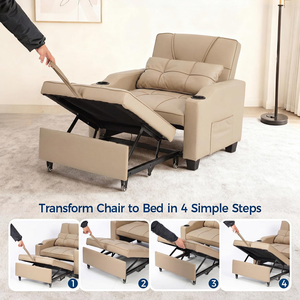 Sleeper Chair Pull Out Bed, 4 in 1 Convertible Sofa Chair Bed with Vibration Massage Lumbar Pillow, Single Sofa Recliner with USB/Type-C Port, Cup Holders and Side Pocket for Small Spaces (Black)