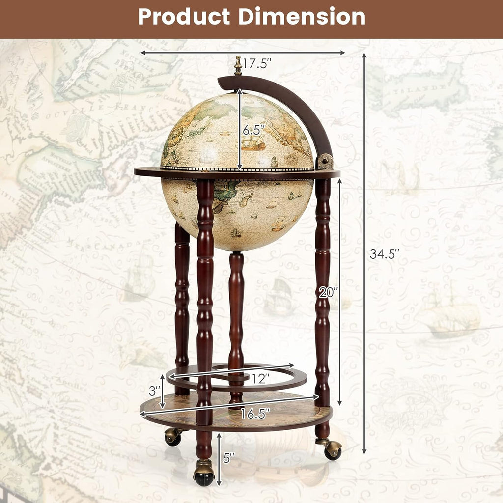 Goplus Globe Bar, 17.5â Globe Bar Liquor Cabinet with Wheels, Bottom Shelf, Old World Map, 16th Century Italian Replica Bar Globe, Retro Wine Stand, Globe Bar Cart for Dining Room Living Room Home