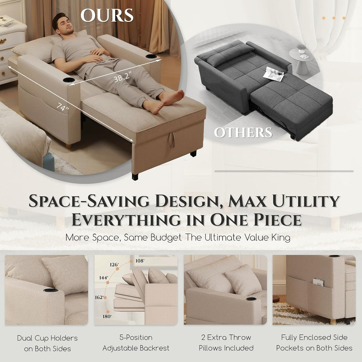 YODOLLA Sleeper Chair Pull Out Bed, Chair Bed Sleeper for Adults, Beige