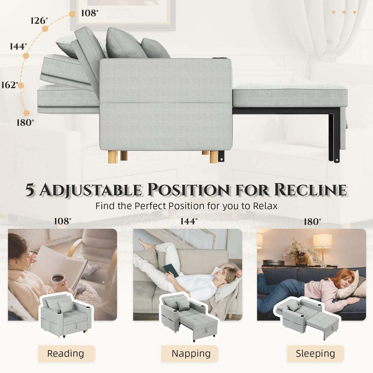 YODOLLA Sleeper Chair Pull Out Bed, Chair Bed Sleeper for Adults, Beige