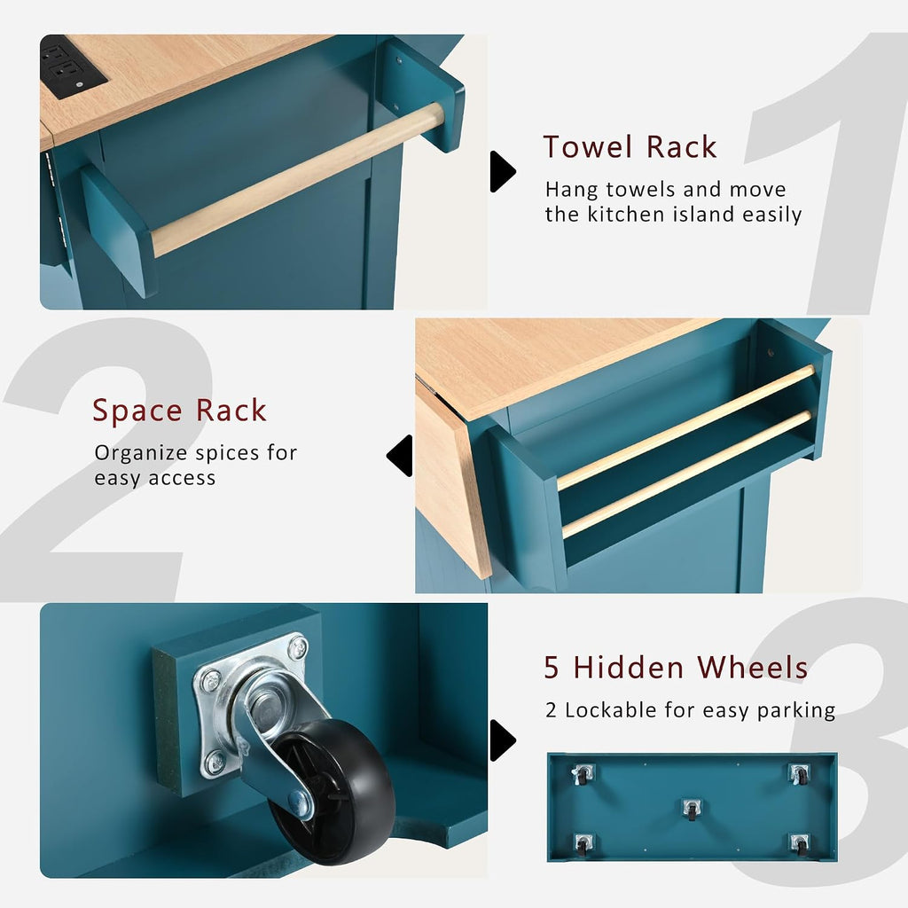 55.7'' Kitchen Island with 2 Drop Leaf for 4-6 Seating, Rolling Kitchen Cart with Power Outlet, 3 Drawers, Spice & Towel Rack, Folding Dining Table for Home Dining Room (Teal)