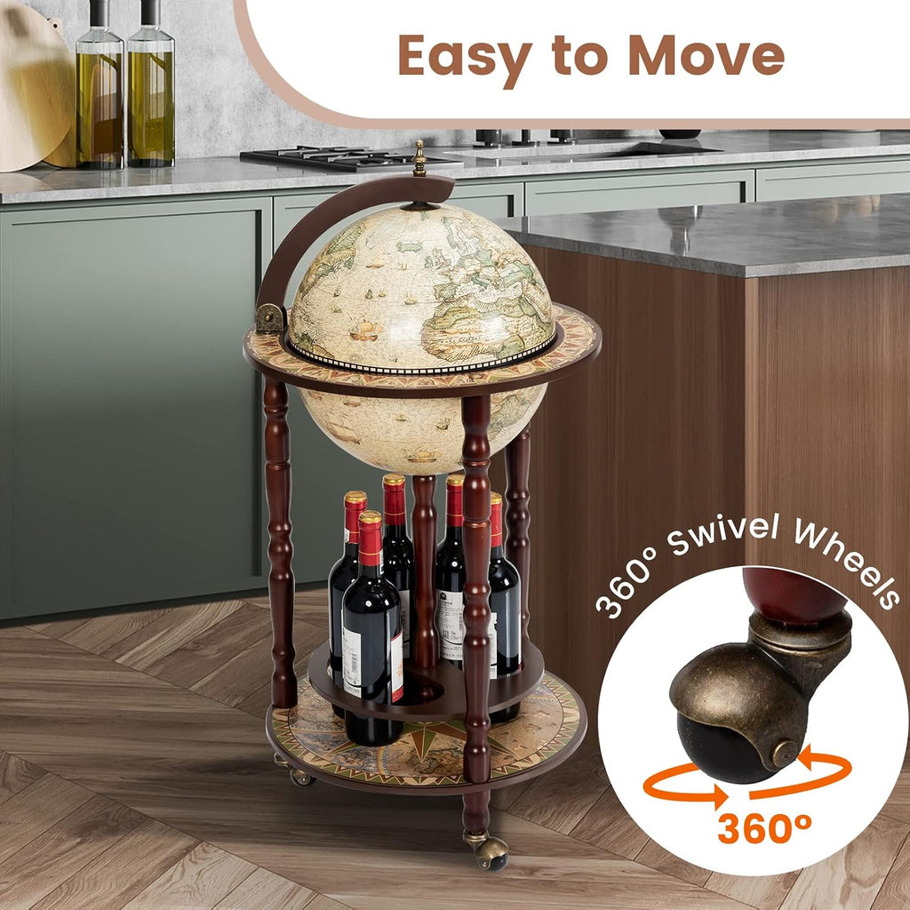 Goplus Globe Bar, 17.5â Globe Bar Liquor Cabinet with Wheels, Bottom Shelf, Old World Map, 16th Century Italian Replica Bar Globe, Retro Wine Stand, Globe Bar Cart for Dining Room Living Room Home