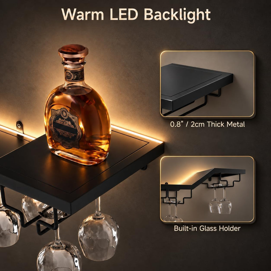 31.5" Wall Mounted Wine Rack with LED, 3-Tier Floating Bar Shelves