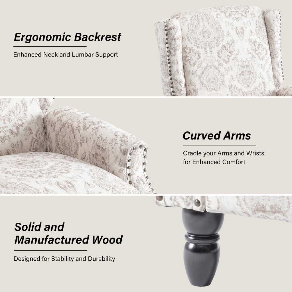 Wingback Floral Pushback Recliner Chair, Plants Beige, Set of 2