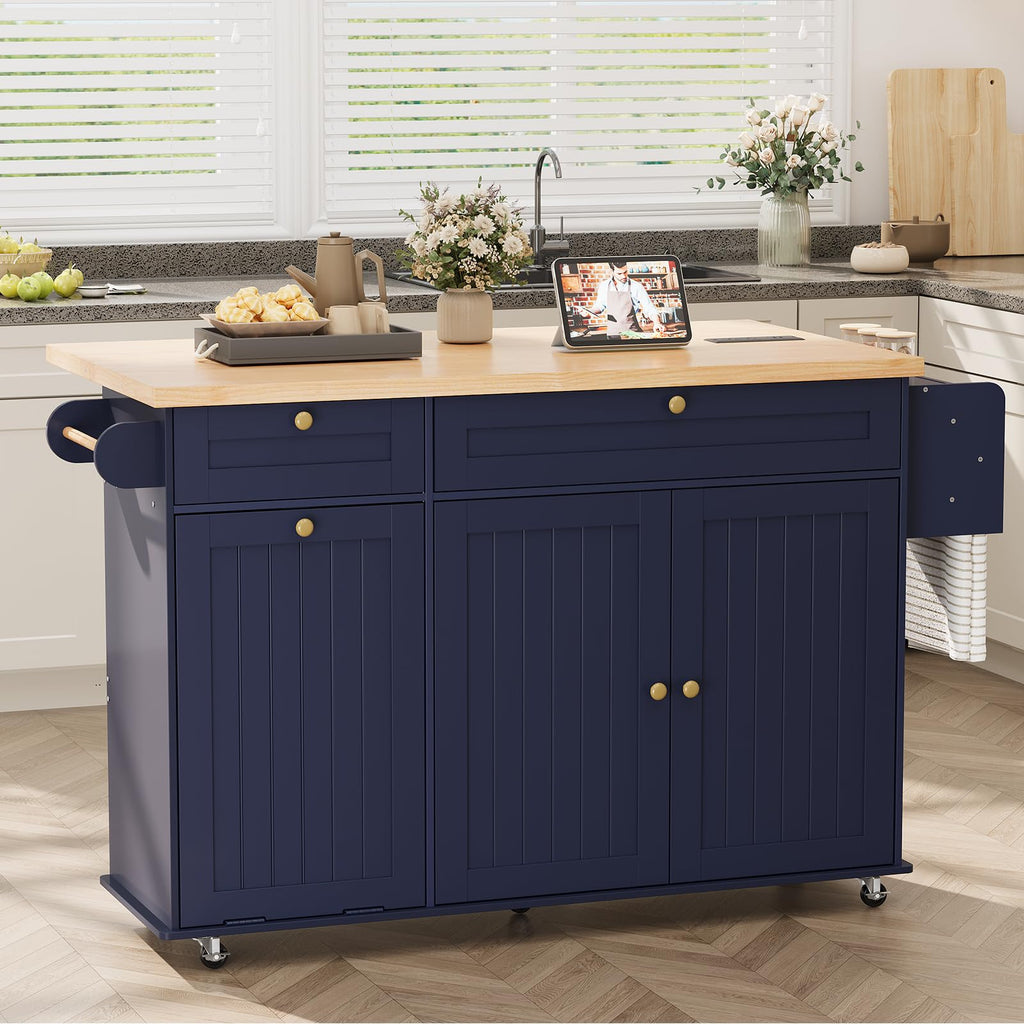 ComfyCorner 60" Rolling Large Kitchen Island on Wheels with Extendable Table, Drop Leaf & Power Outlet, Mobile Kitchen Cart with Storage Cabinet, 2 Drawers, Spice Rack, Towel & Knife Holder, Green