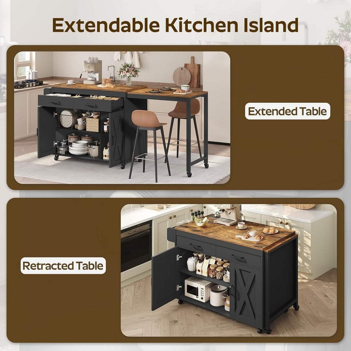 YATINEY Extendable Kitchen Island, Large Mobile Kitchen Storage Island, Rolling Kitchen Cart with Outlets, Island Table for Kitchen, White ZD03UWH